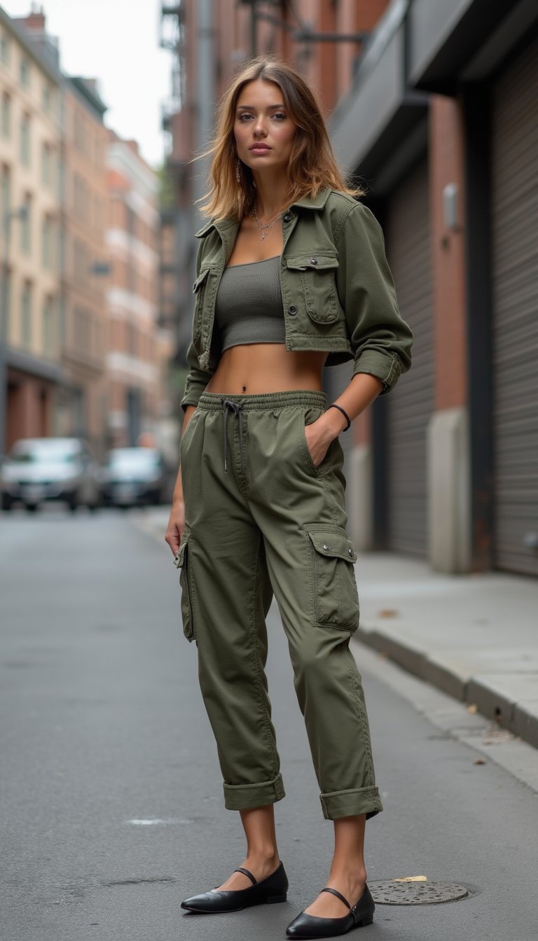 Sapatilha De Bico Fino Com Calça Cargo E Jaqueta