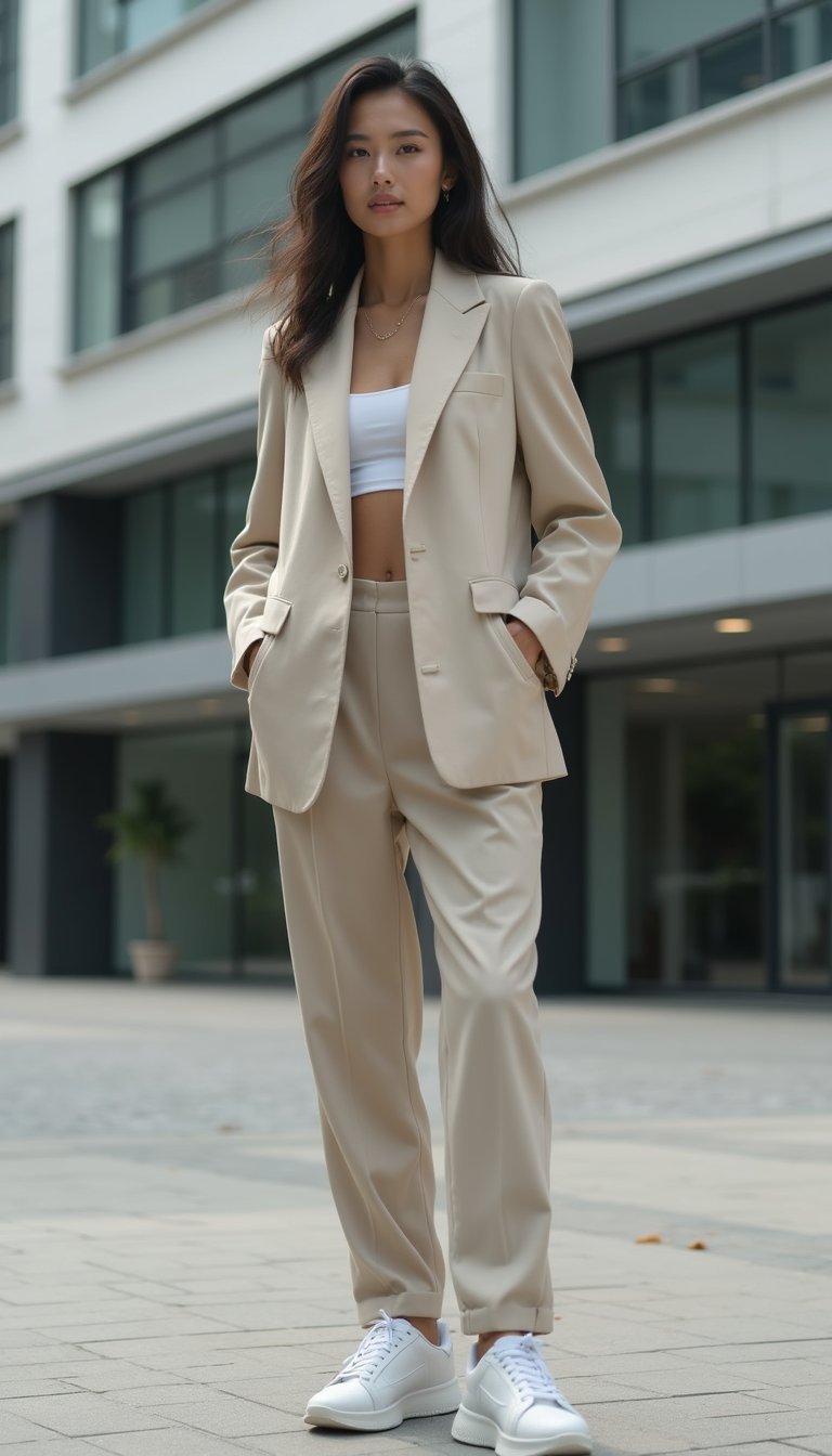 Blazer Oversized, Calça Reta E Tênis Branco Moderno