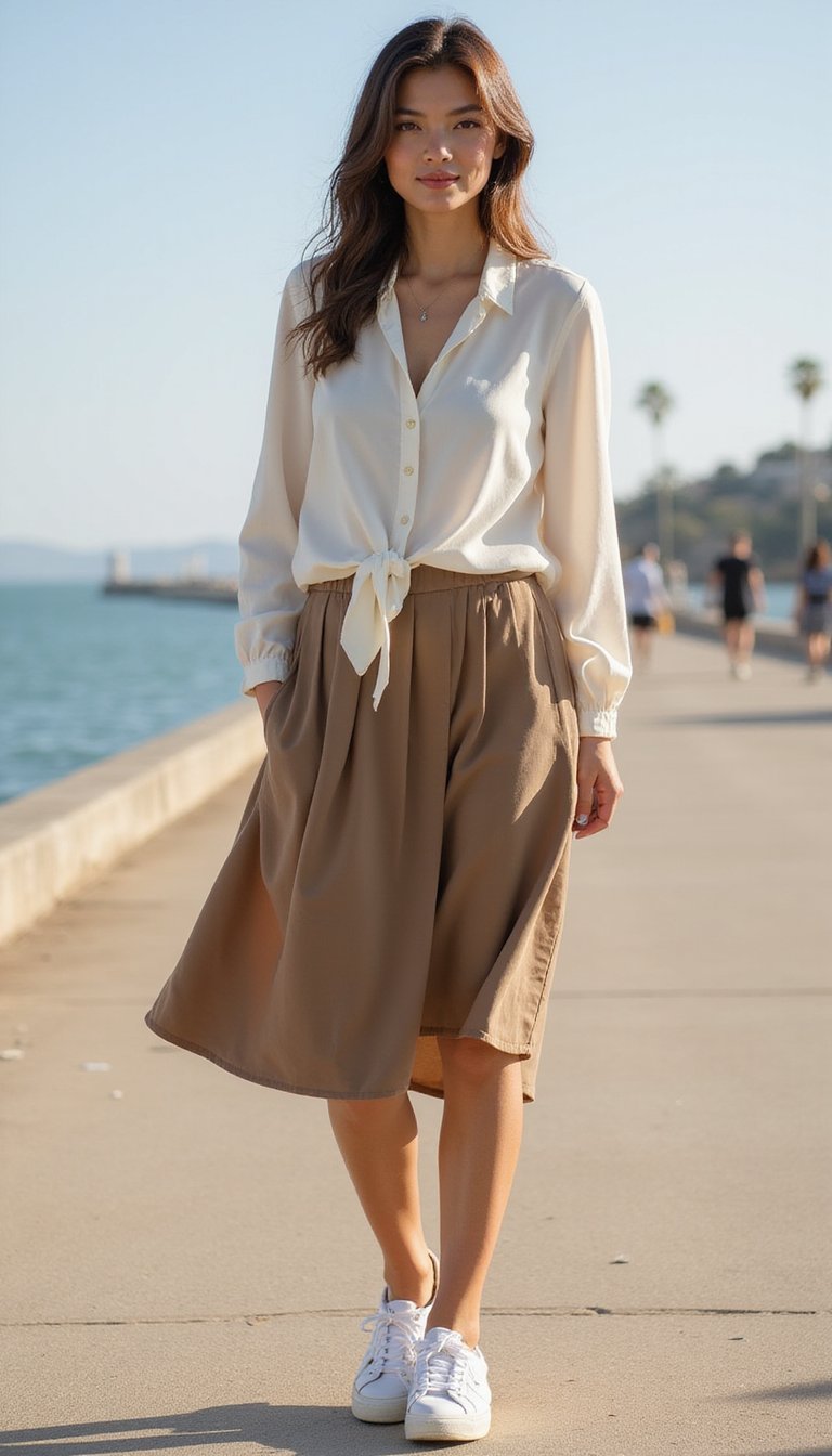 Blusa Amarração Na Frente, Saia Plissada E Tênis Branco Romântico