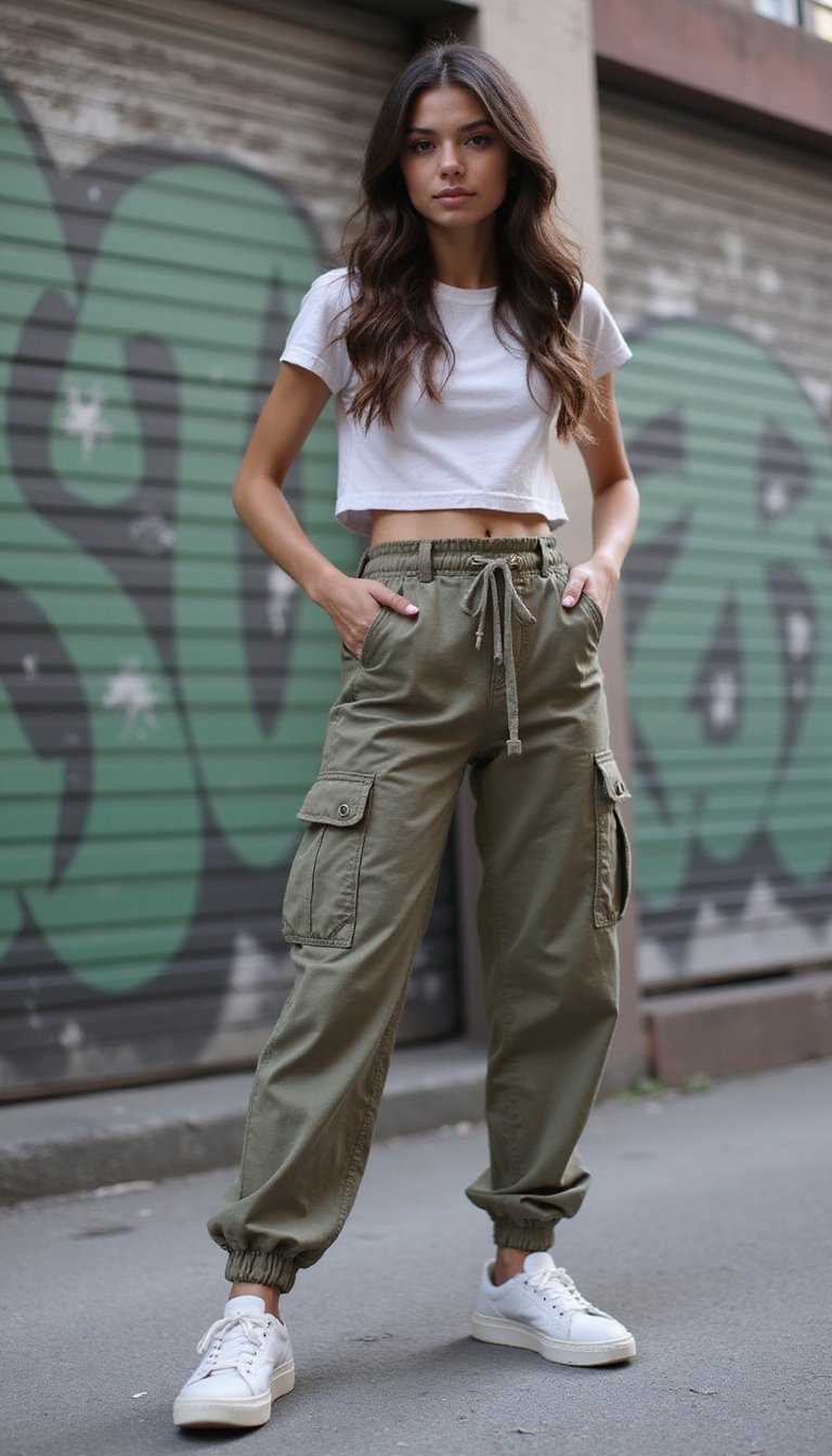 Calça Cargo, Cropped E Tênis Branco Streetwear Cool