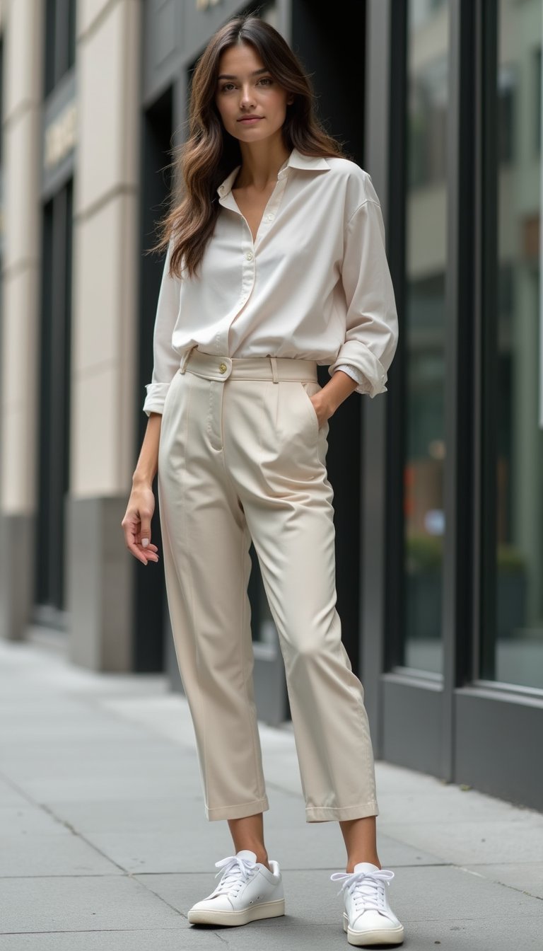 Calça de Alfaiataria Curta, Camisa E Tênis Branco Casual Chic