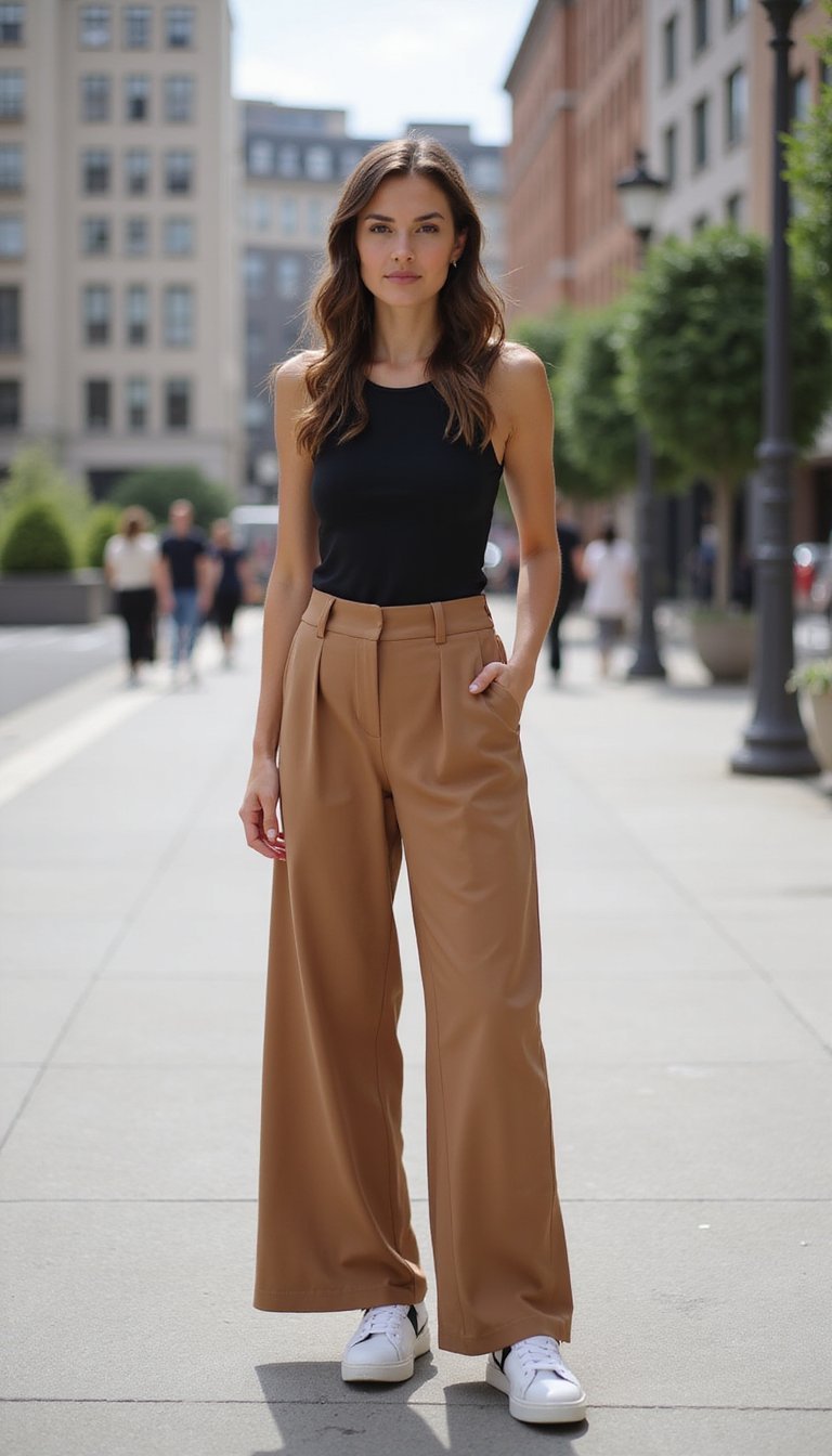 Calça Pantalona, Top Justo E Tênis Branco Elegante Conforto