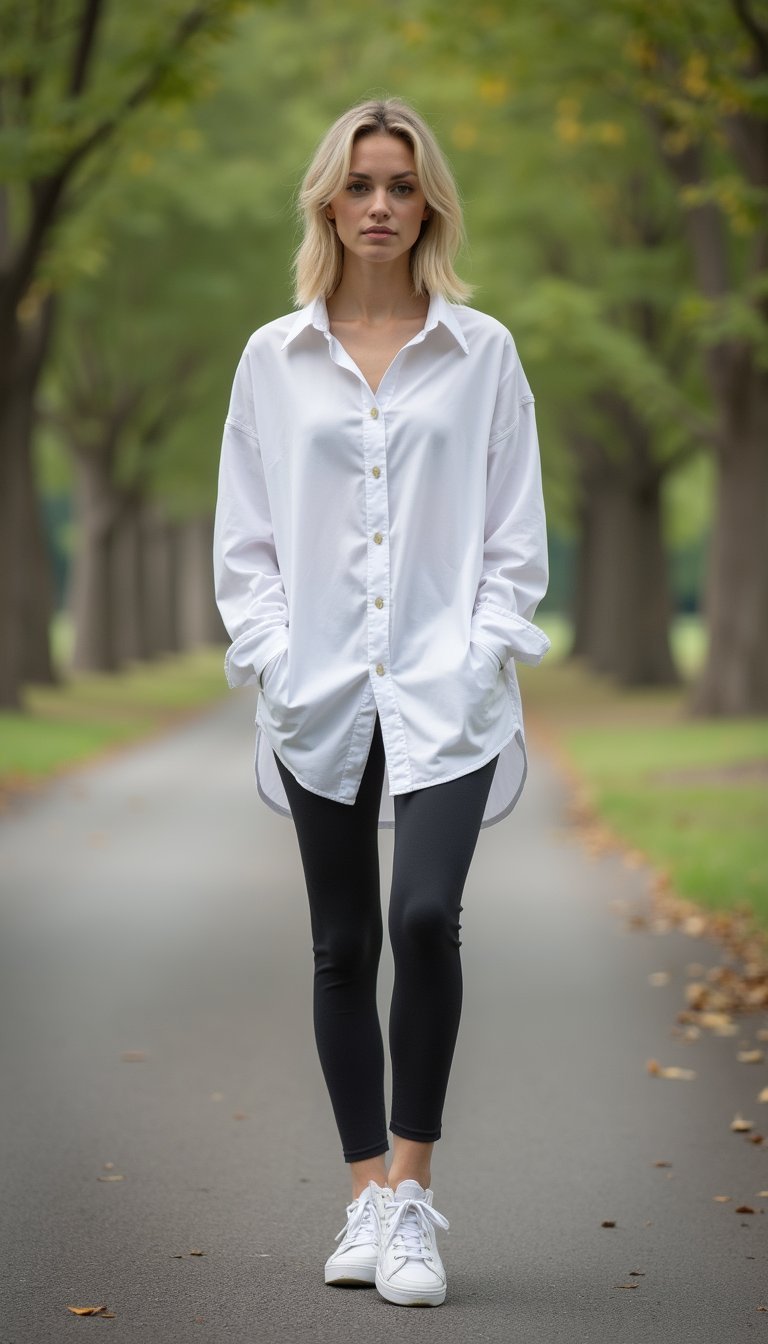 Camisa Branca Oversized, Legging E Tênis Branco Athleisure