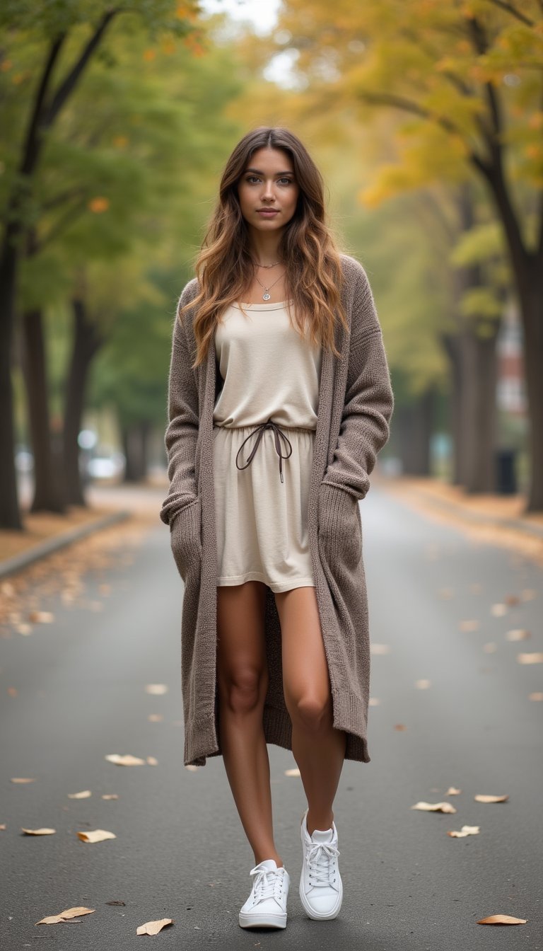 Cardigan Longo Sobre Vestido Curto E Tênis Branco Confortável