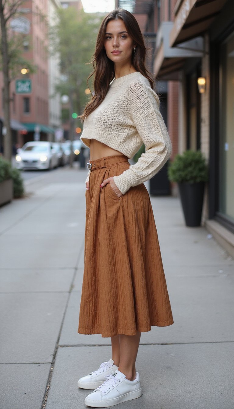 Cropped De Tricô, Saia Midi E Tênis Branco Aconchegante