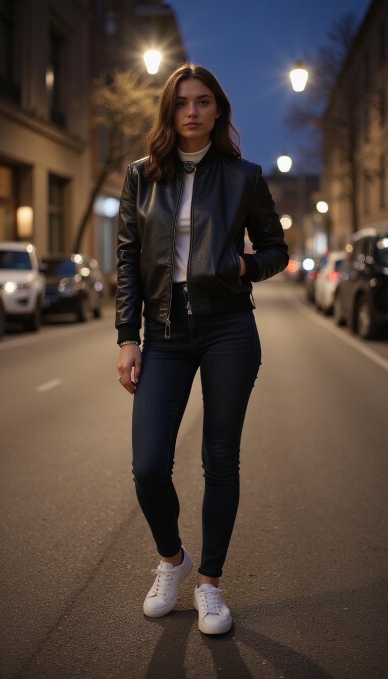 Jaqueta de Couro, Jeans Escuro E Tênis Branco Rock Casual