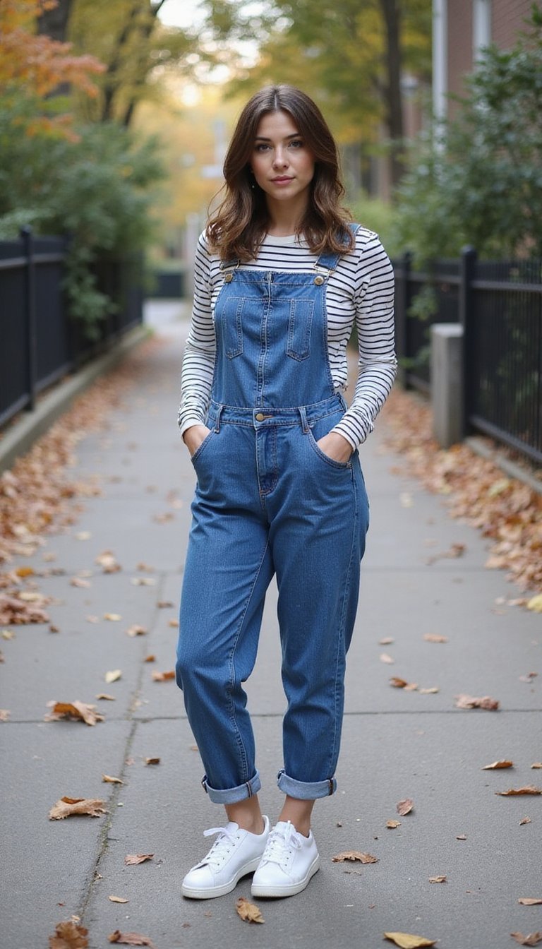 Jardineira Jeans Sobre Blusa Listrada E Tênis Branco Divertido