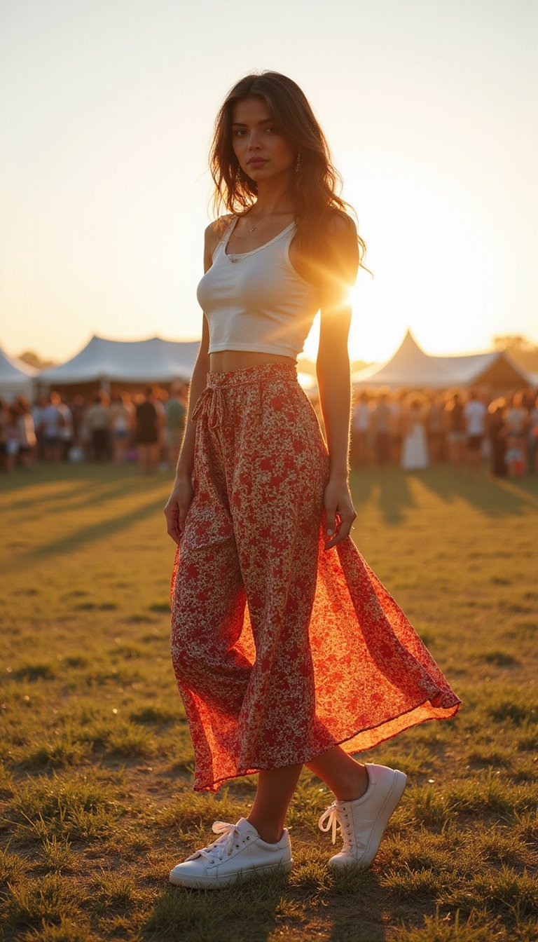 Maxi Saia Estampada E Tênis Branco Boho Atual