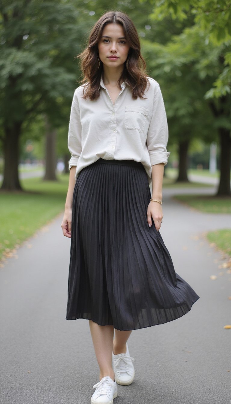 Saia Plissada Midi, Camisa Solta E Tênis Branco Elegante