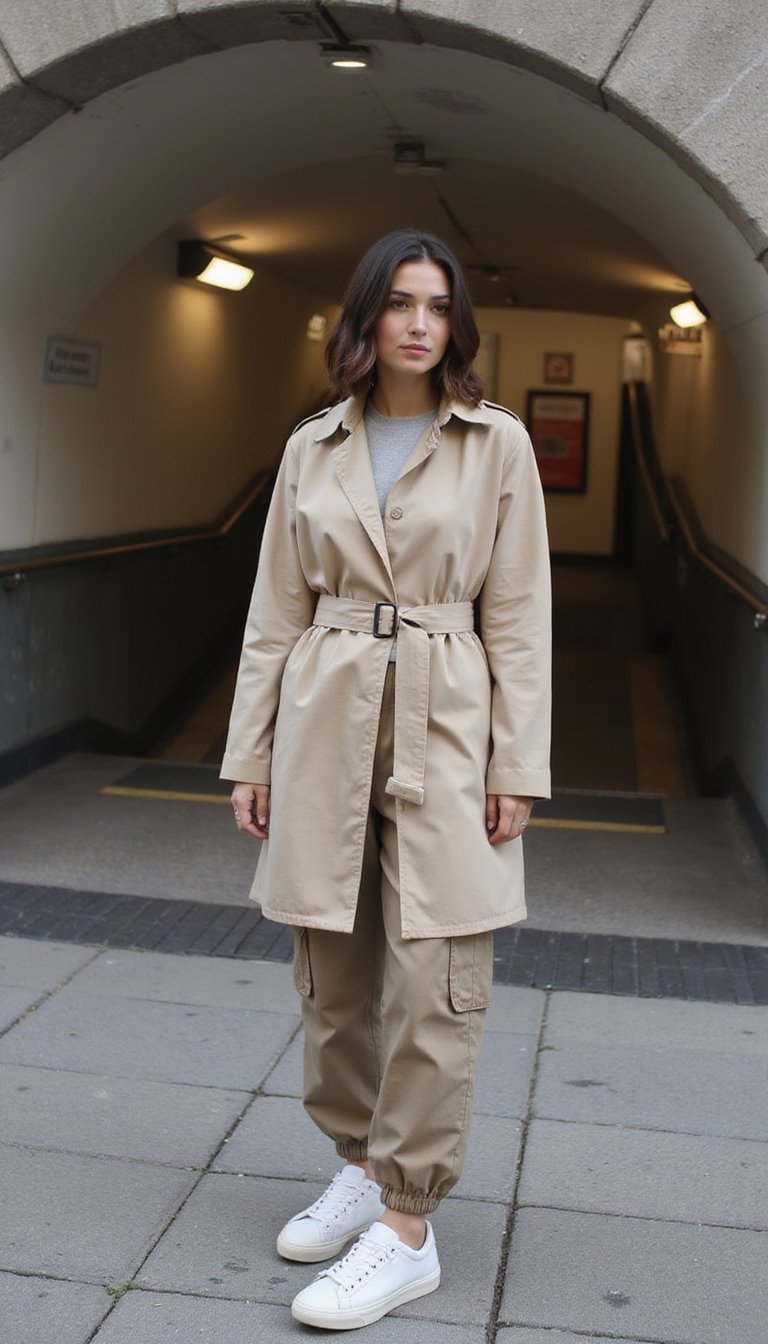 Trench Coat Bege Sobre Calça Cargo E Tênis