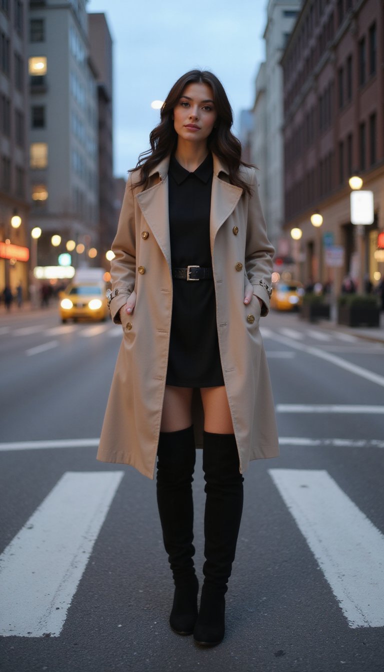 Trench Coat Com Vestido Mini E Botas