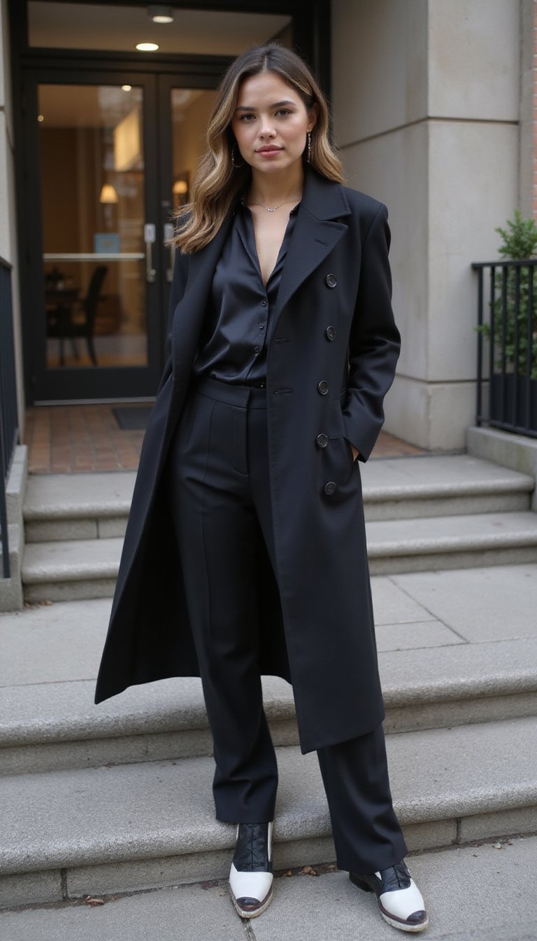 Trench Coat Preto Com Blusa E Alfaiataria