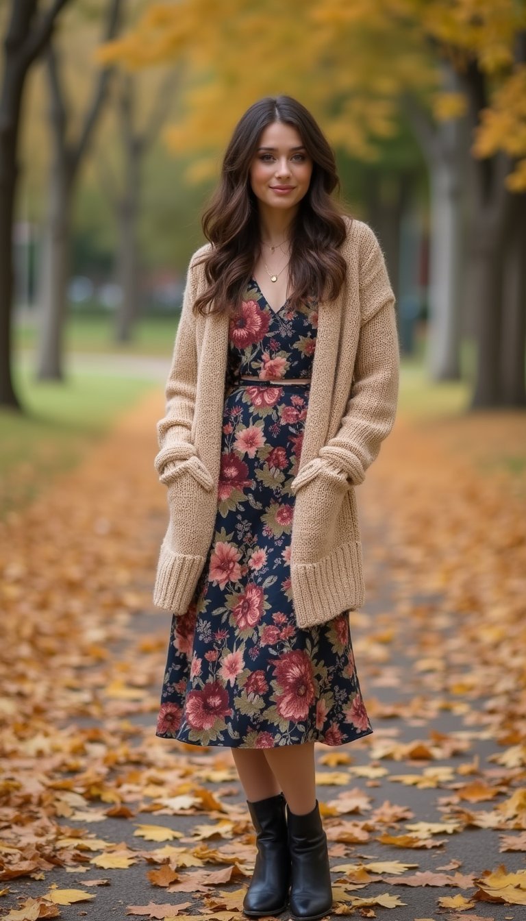 Cardigã Médio Com Vestido Floral E Botas