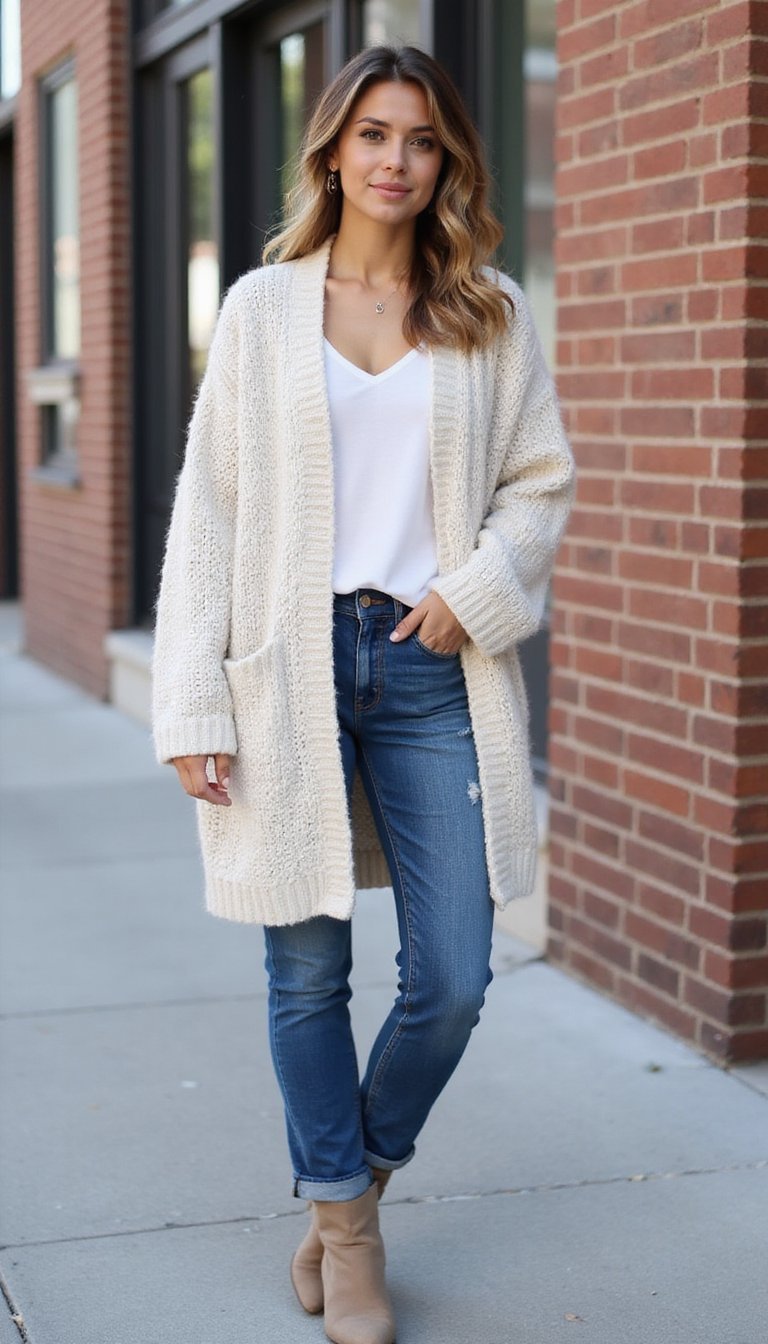 Cardigã Oversized Com Jeans Reto E Botas