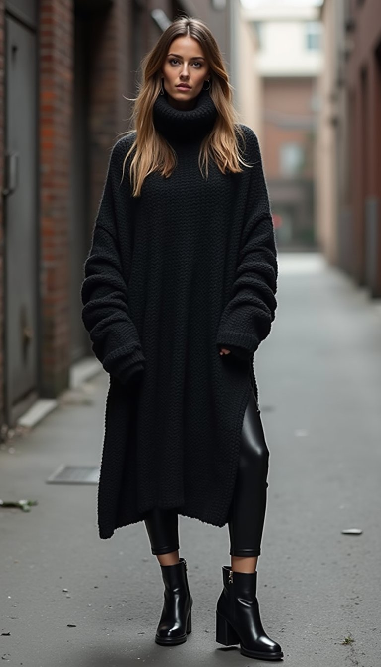 Maxi Tricô E Legging De Couro Fake