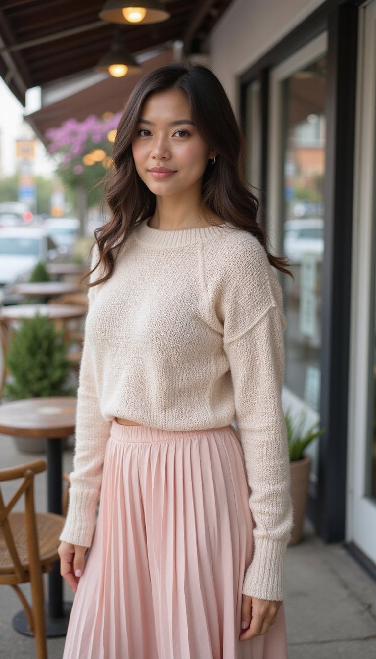 Suéter Cropped Com Saia Plissada Midi