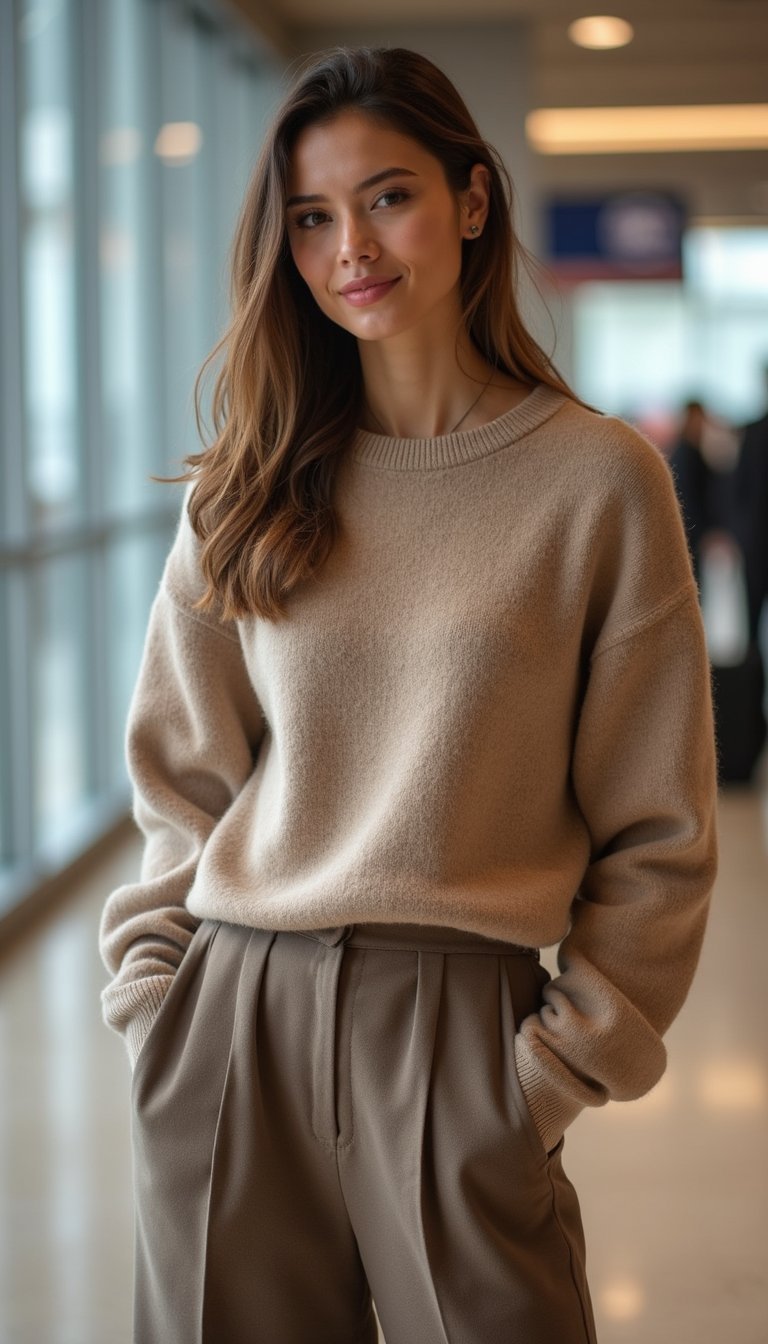 Tricô De Cashmere Com Calça Wide Leg