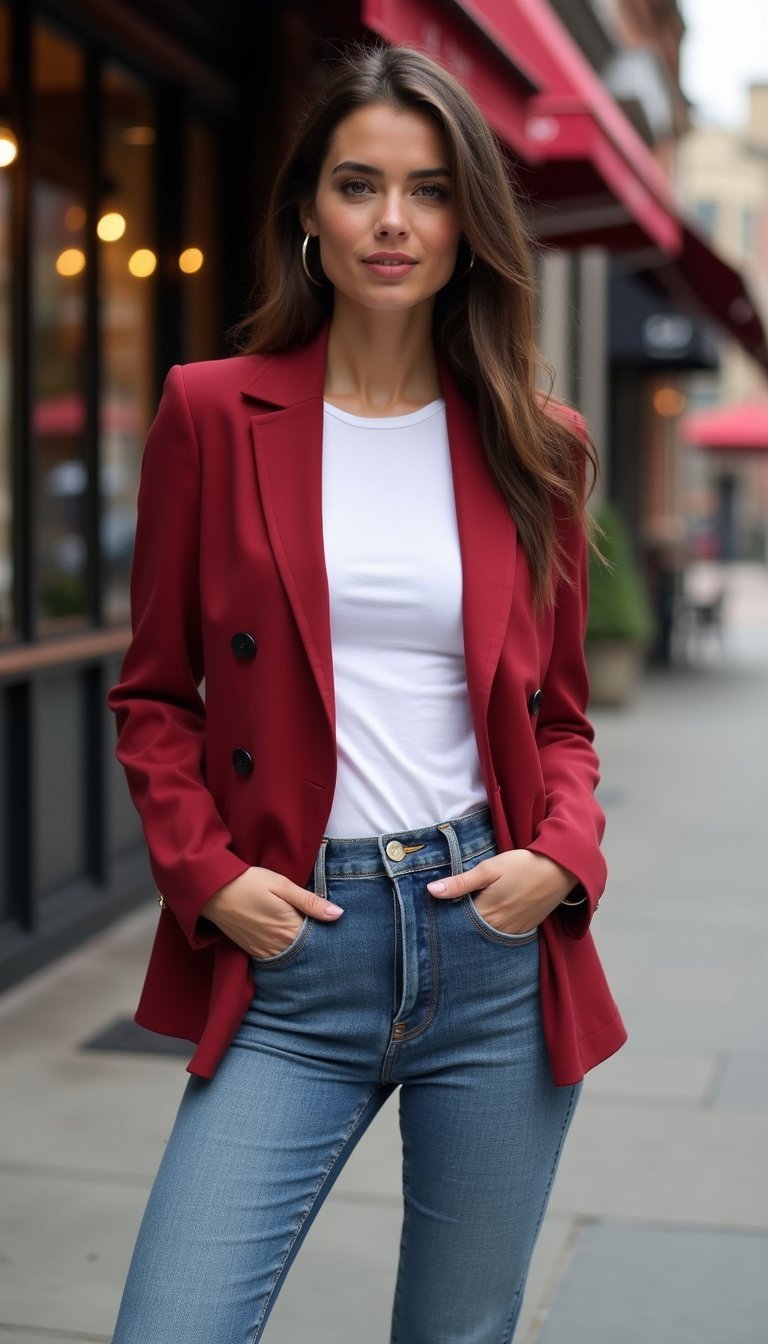 Blazer Vermelho Cereja Com Jeans Estiloso