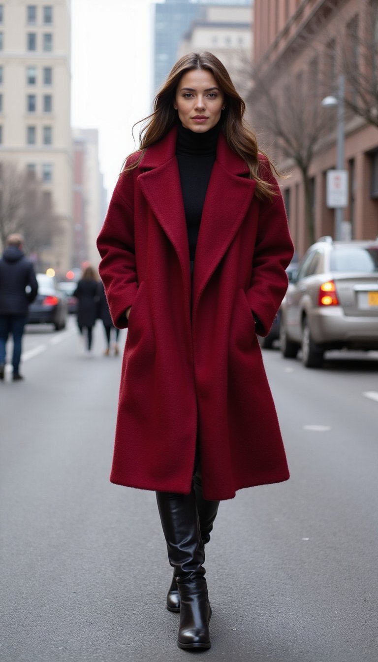 Casaco Oversized Vermelho Cereja Com Botas Altas