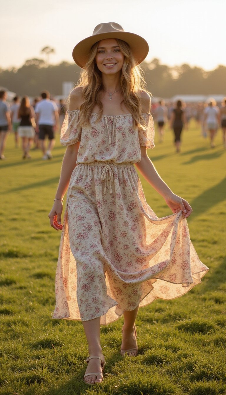 Vestido Midi Floral Boho Com Chapéu Floppy e Sandálias