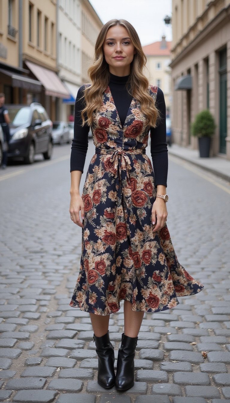 Vestido Midi Floral Com Blusa de Gola Alta por Baixo