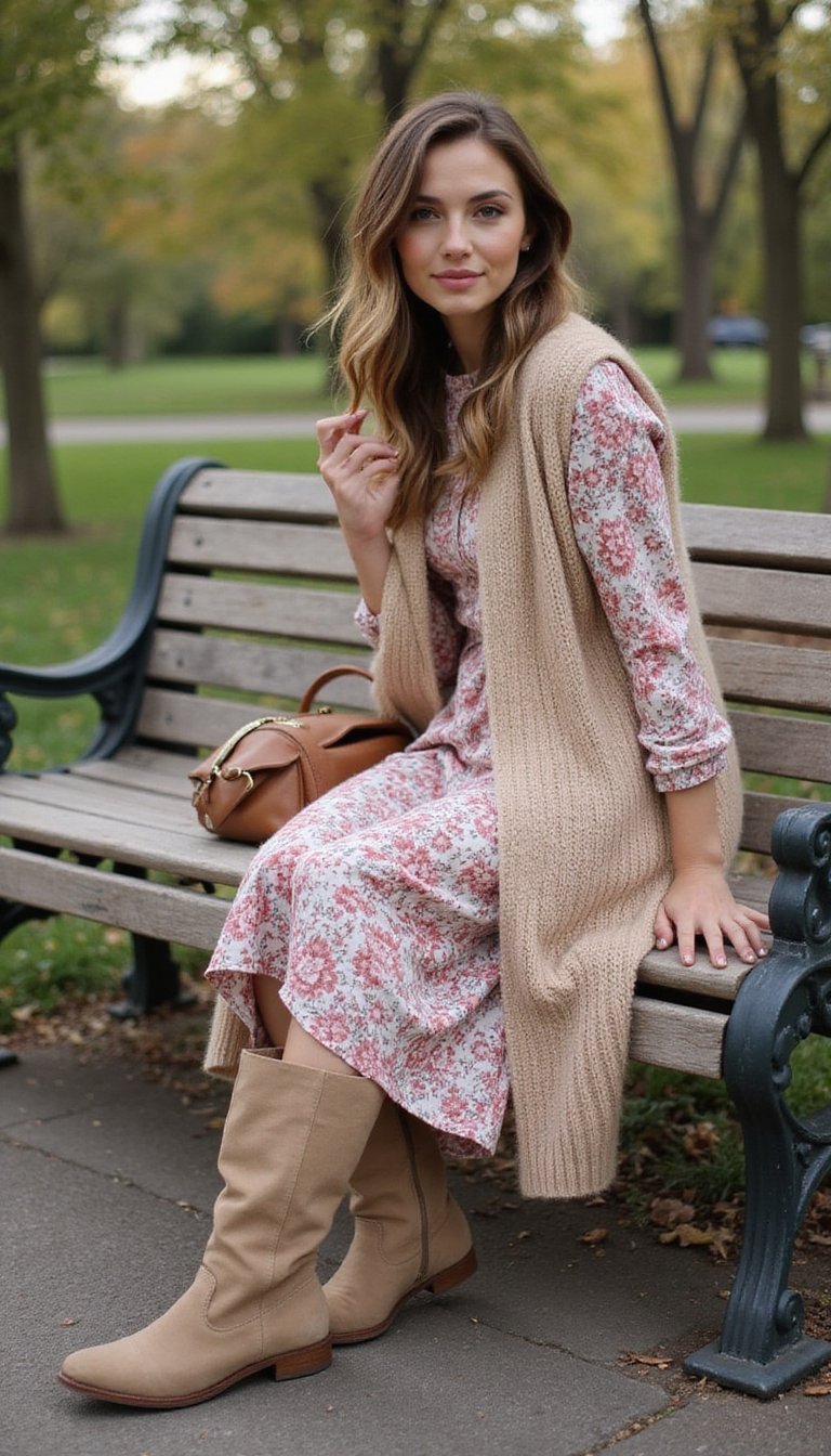 Vestido Midi Floral Com Colete de Tricô e Botas