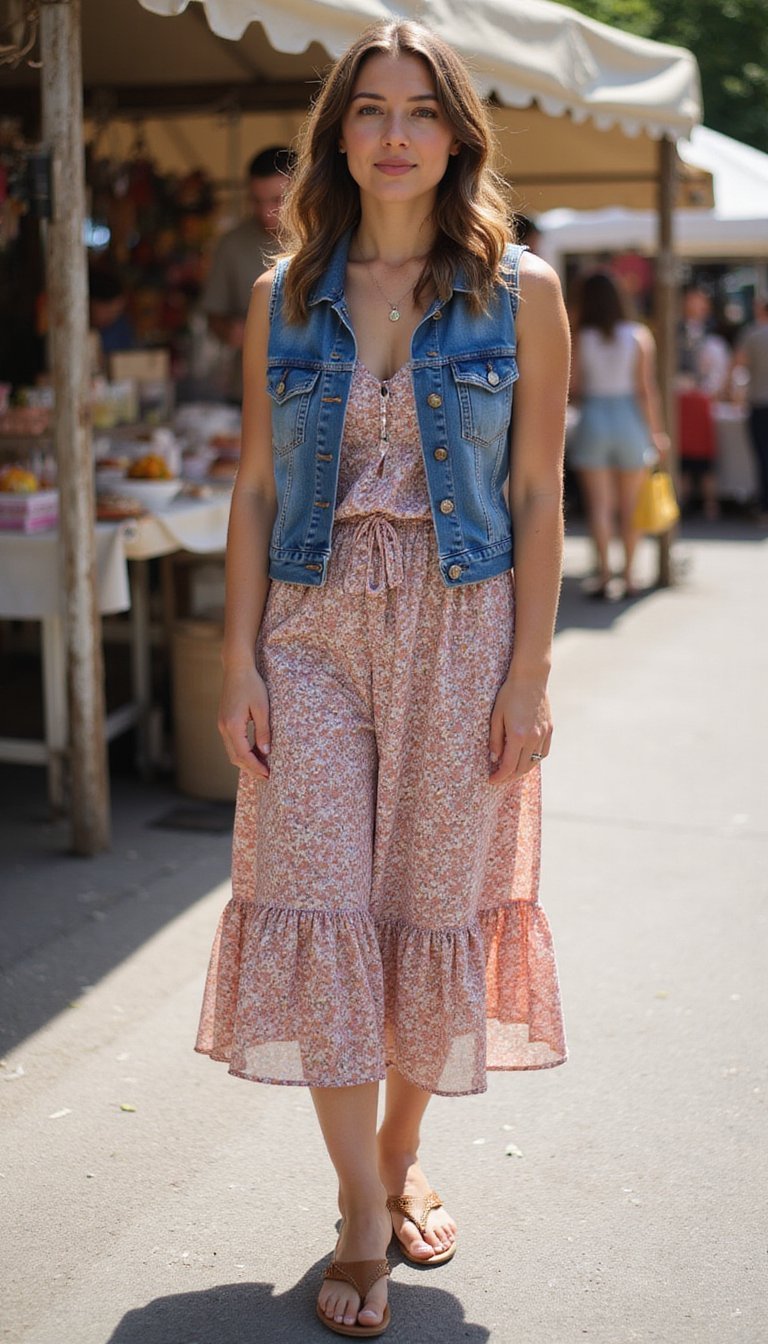 Vestido Midi Floral Com Colete Jeans Curtinho e Sandália Baixa