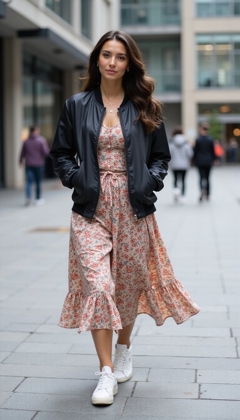 Vestido Midi Floral Com Jaqueta Bomber e Acessórios Esportivos