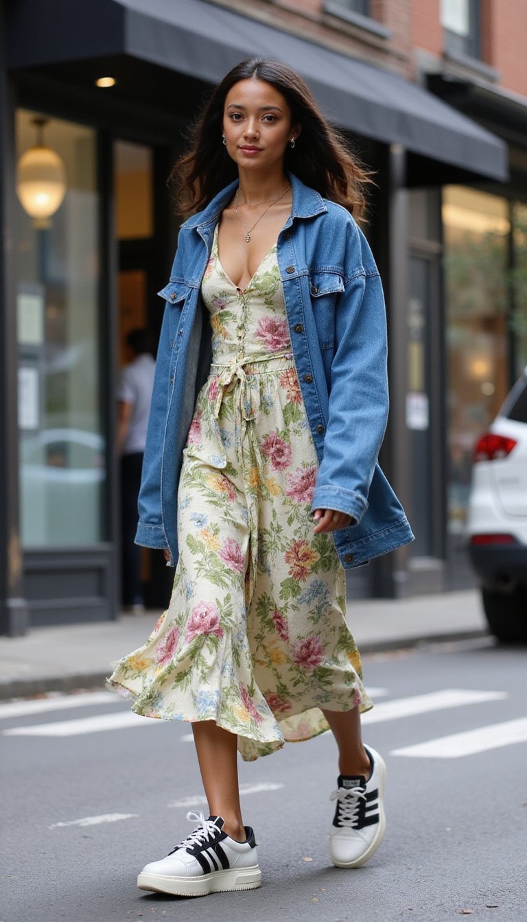 Vestido Midi Floral Com Kimono Jeans e Tênis Plataforma