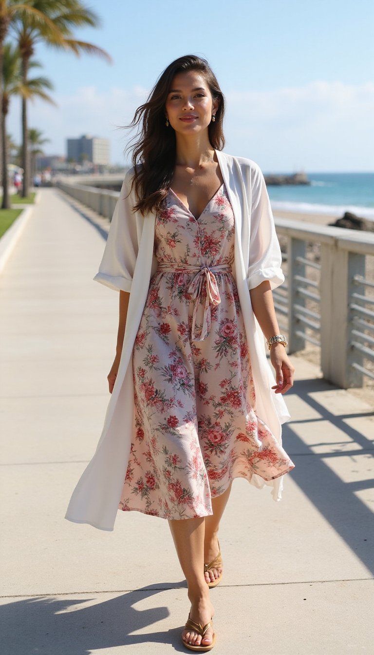 Vestido Midi Floral Com Kimono Leve e Sandália Rasteira