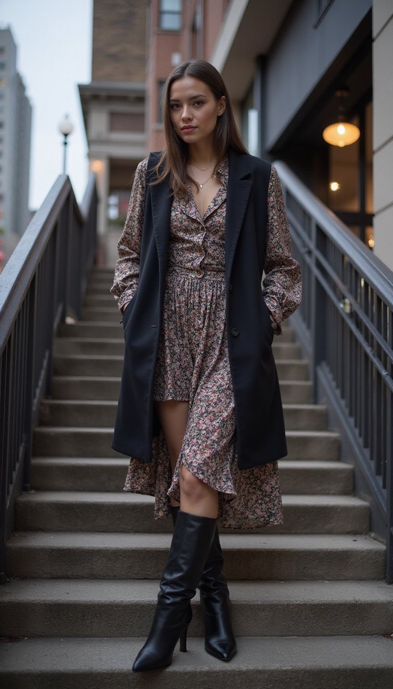 Vestido Midi Floral Com Maxicolete e Bota Over The Knee