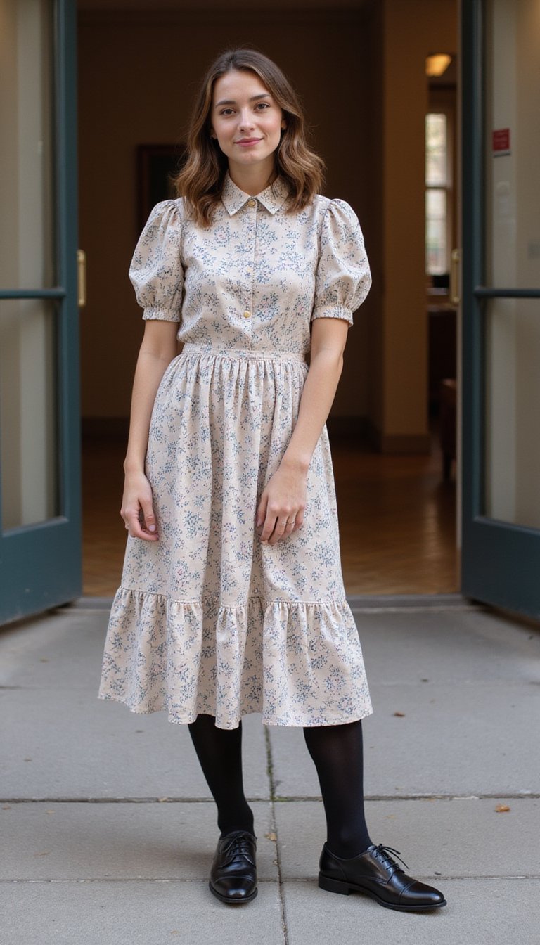 Vestido Midi Floral Com Sapato Oxford e Meia-Calça
