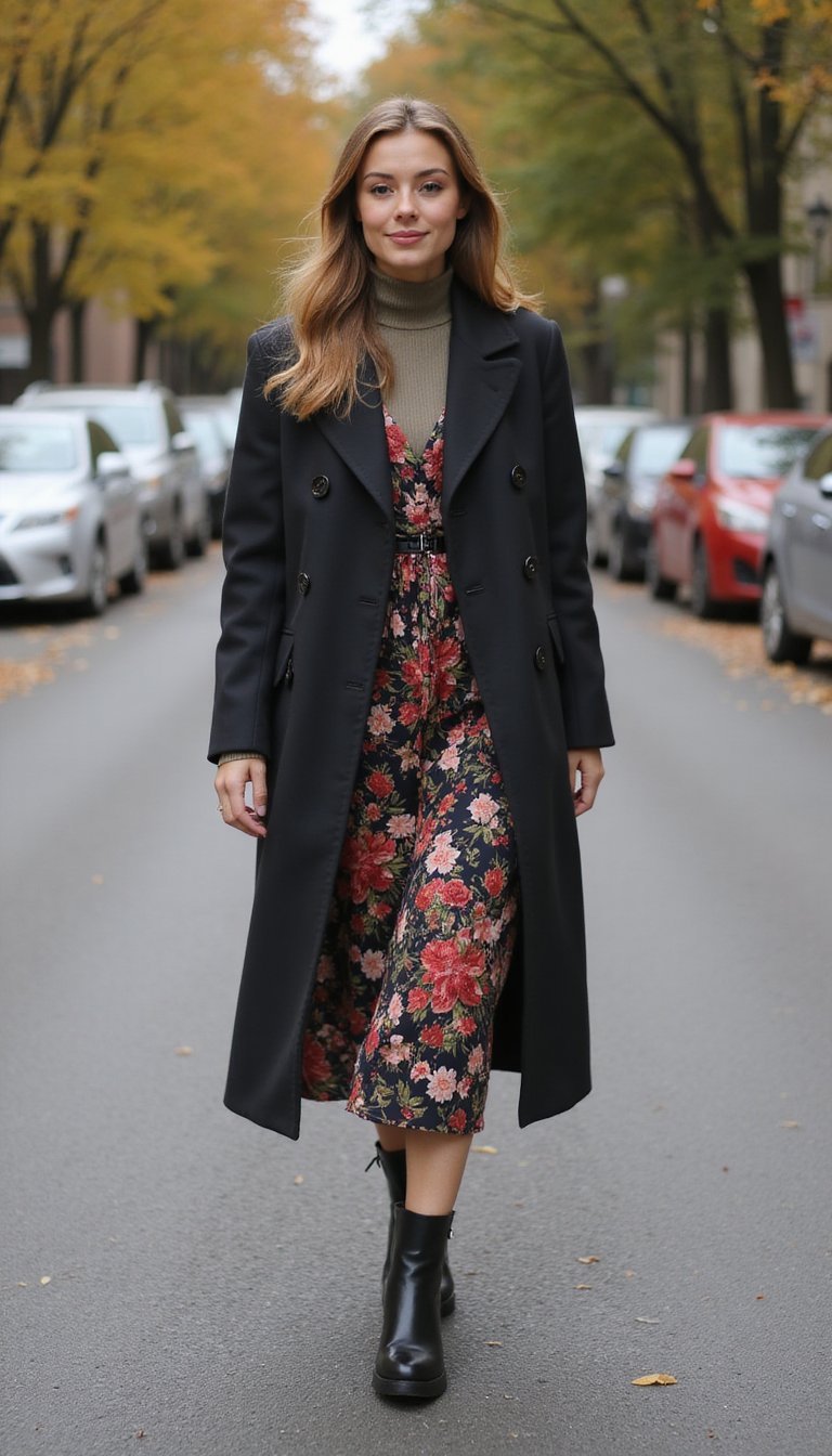 Vestido Midi Floral Com Sobretudo Longo e Bota Chelsea
