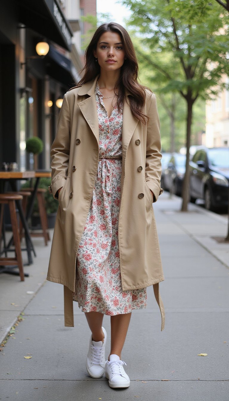 Vestido Midi Floral Com Trench Coat e Tênis Branco