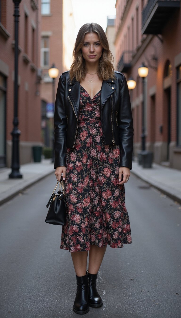 Vestido Midi Floral e Jaqueta de Couro Para Noite