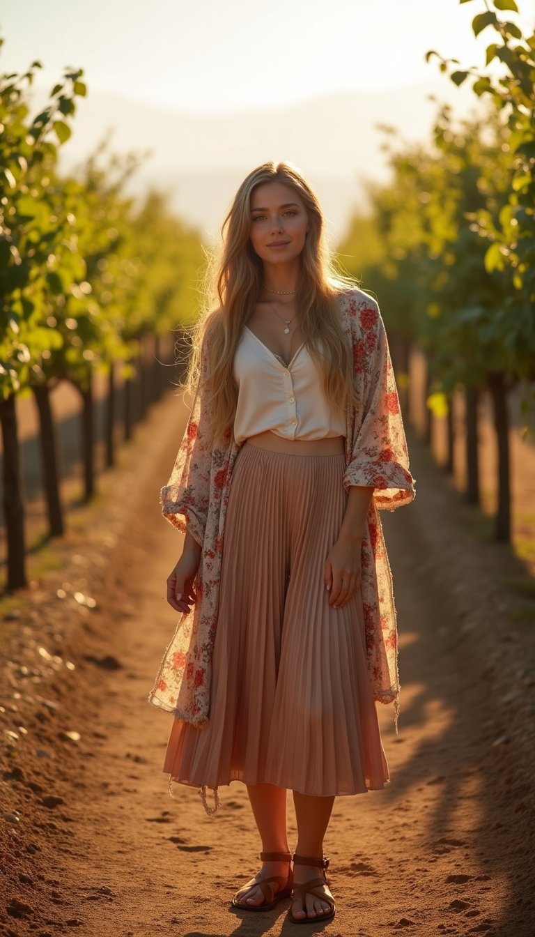 Look Boho com Saia Plissada e Kimono Floral