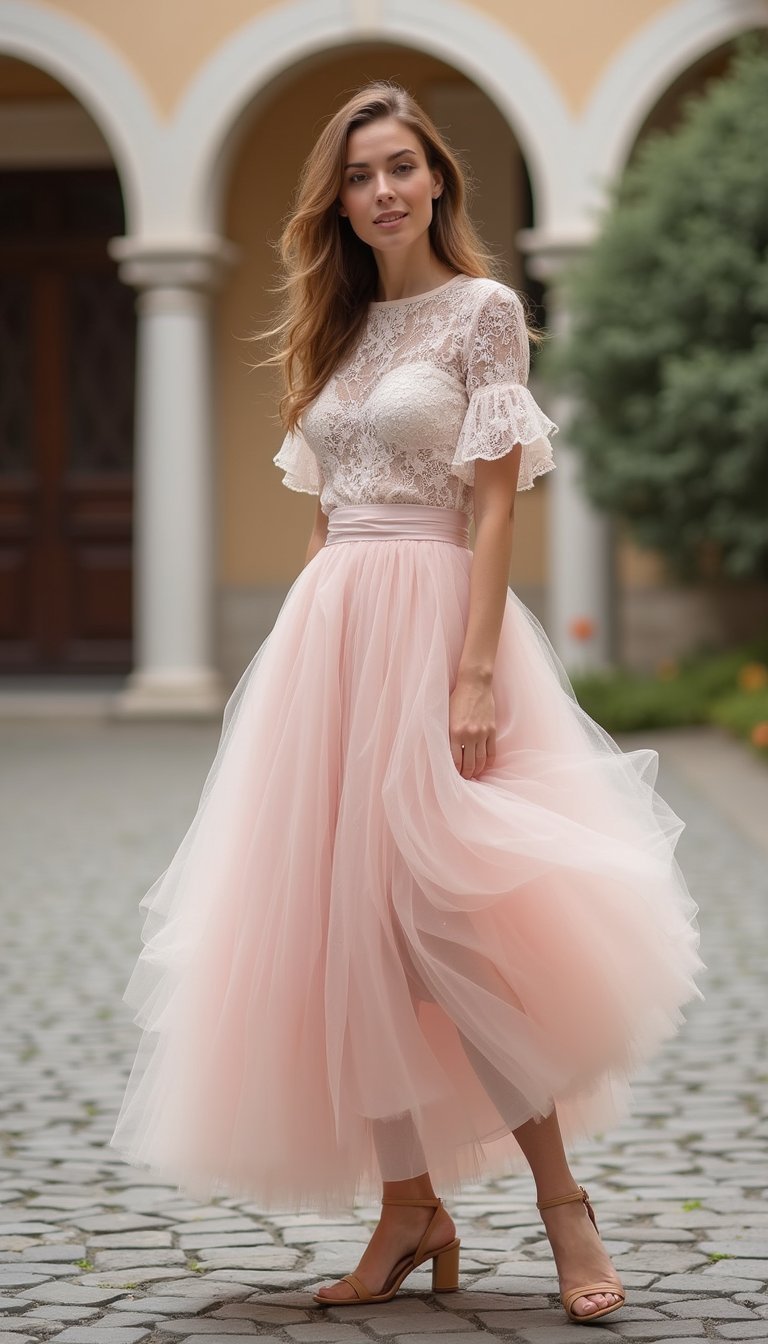 Look Romântico com Saia Tule e Blusa Rendada