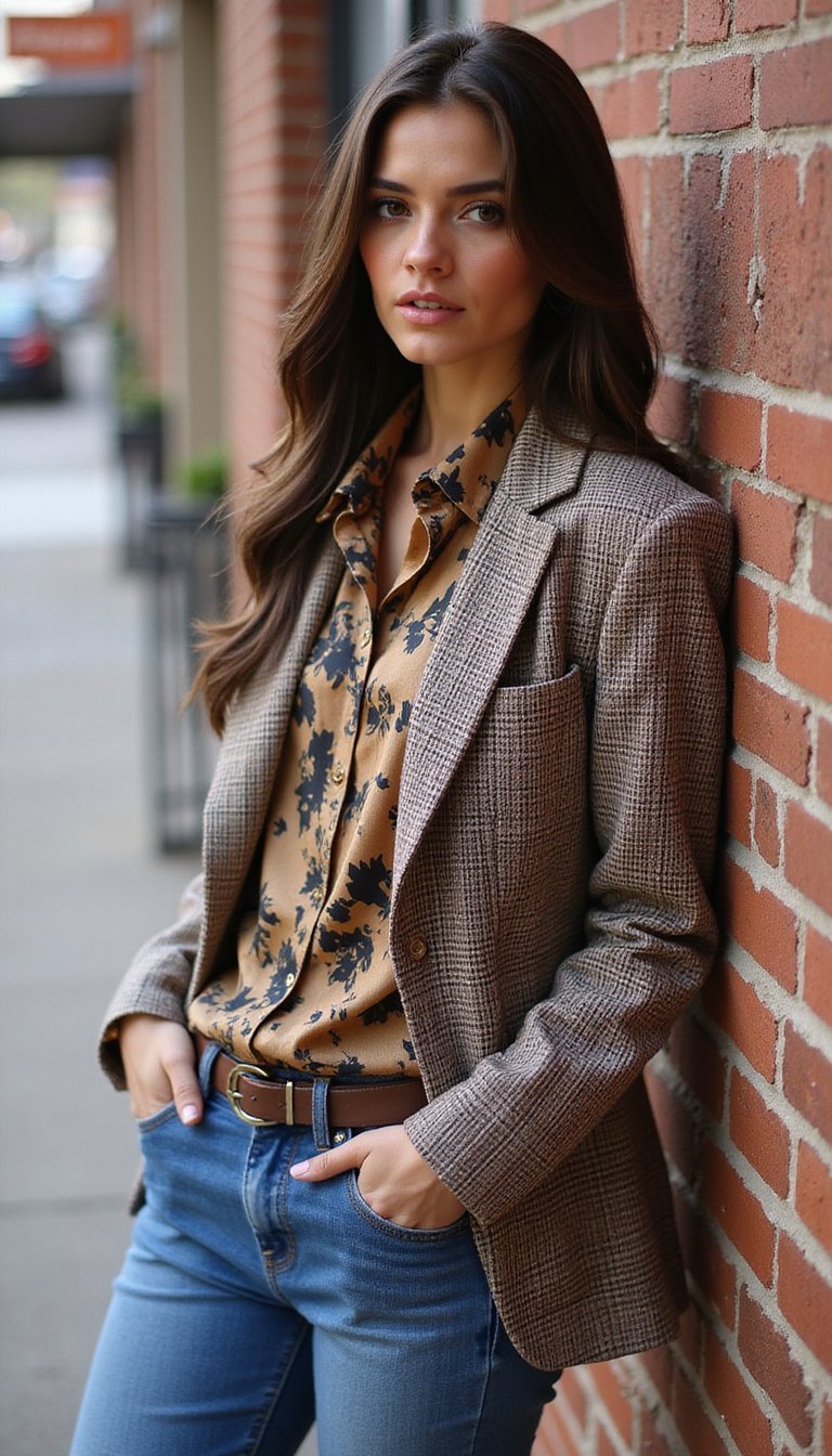 Blazer Xadrez, Camisa De Seda E Jeans