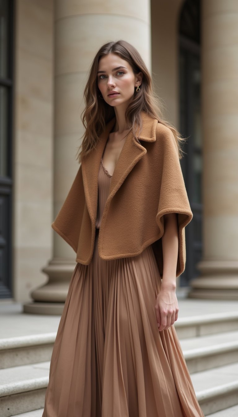 Capa De Lã Feminina Com Vestido Fluído