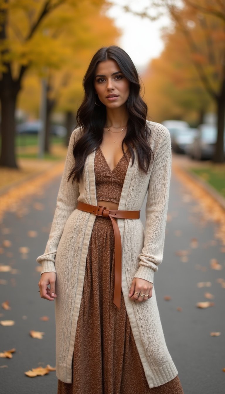 Cardigã Longo Cinturado Com Saia Midi