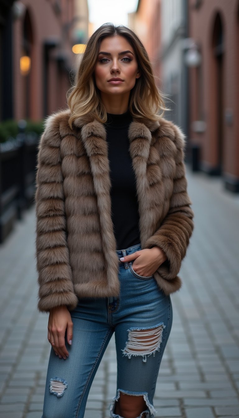 Casaco De Pele Sintética E Jeans Rasgado