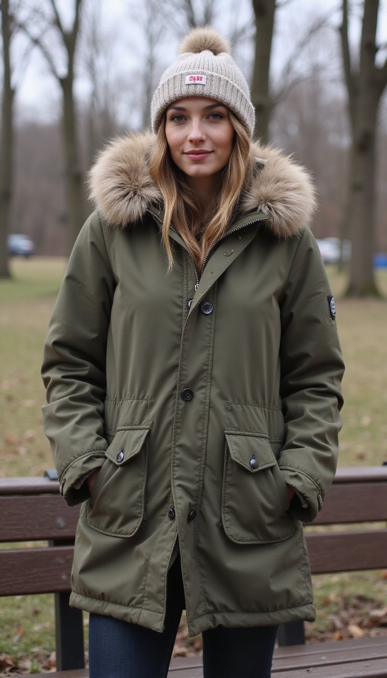 Parka Com Gola De Pelo E Gorro De Tricô