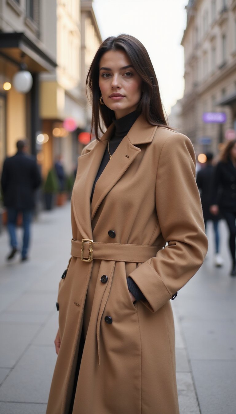 Sobretudo Camel Minimalista E Acessórios Dourados