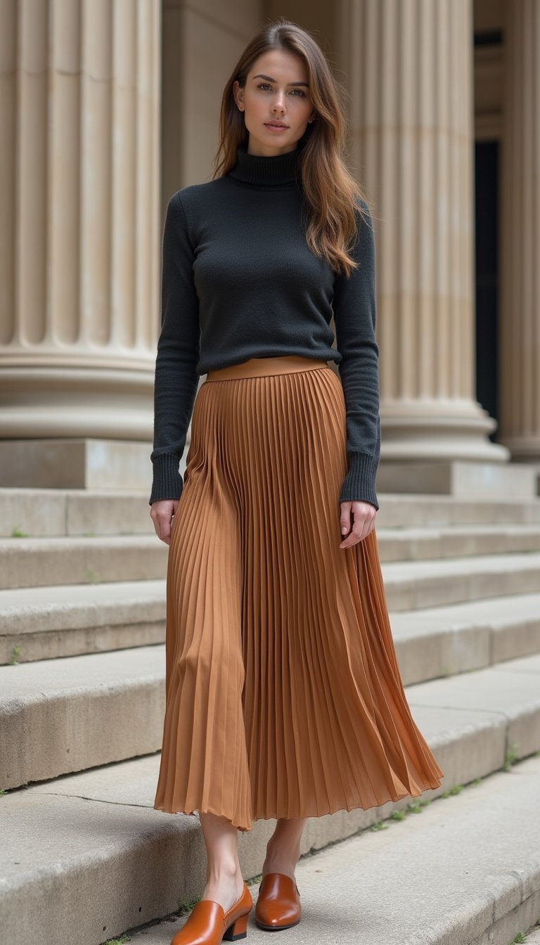 Suéter Gola Alta E Saia Plissada Midi