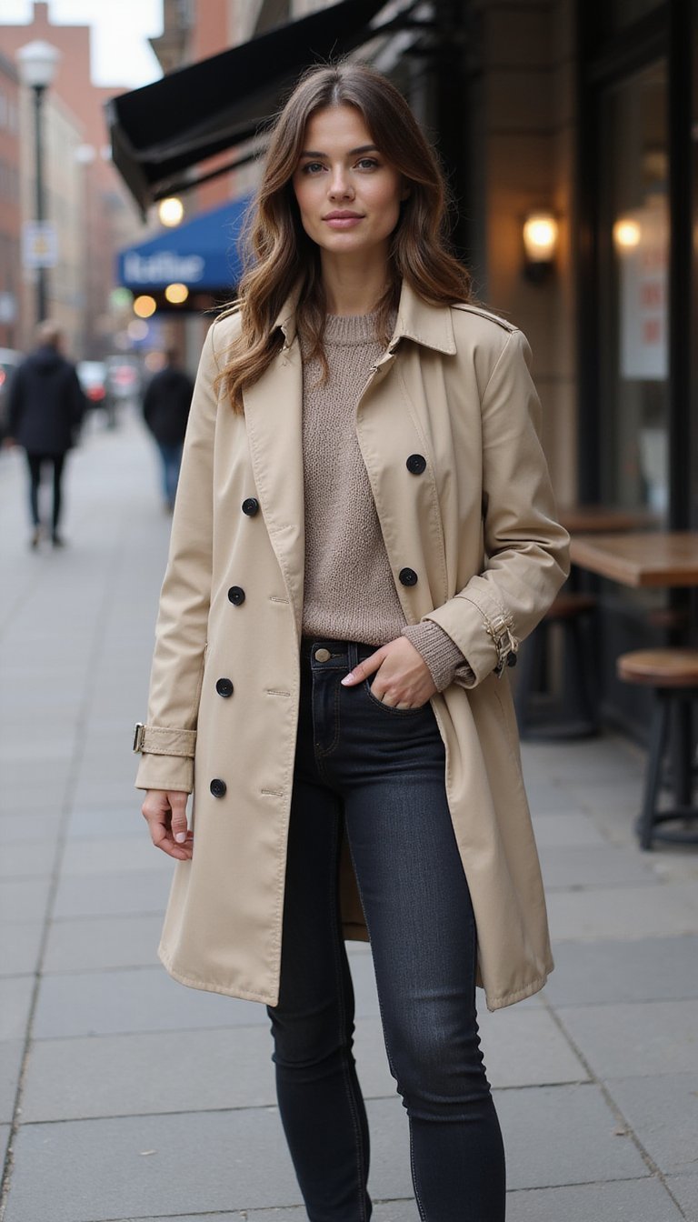 Trench Coat, Suéter Oversized e Jeans Slim