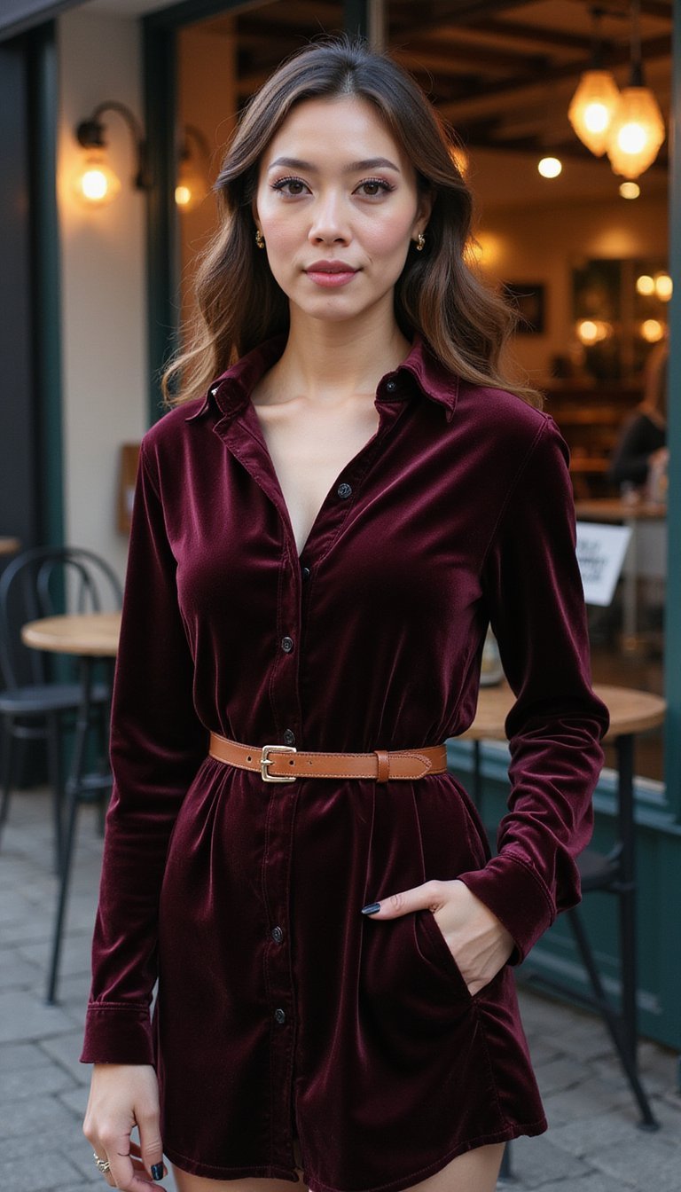 Vestido Chemise De Veludo Com Cinto Fino