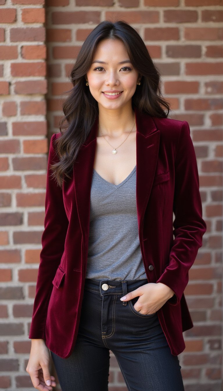 Blazer De Veludo Com Camiseta e Jeans Escuro