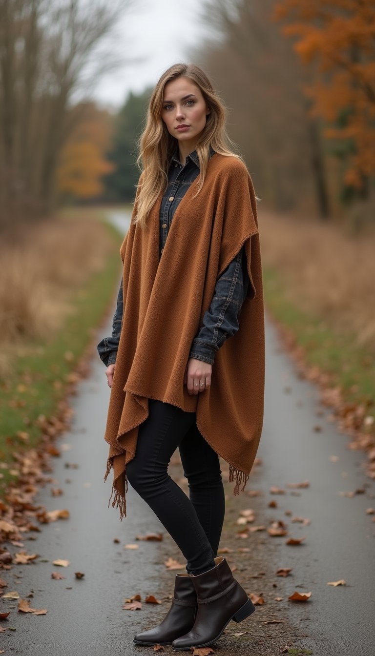 Capa Poncho Em Lã Com Calça Skinny e Botas
