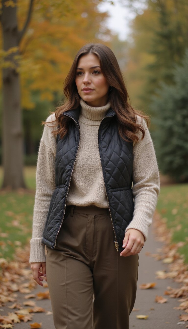 Colete Acolchoado Sobre Suéter e Calça Cintura Alta