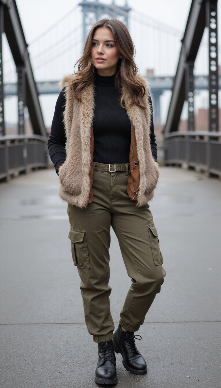 Colete De Pêlo Sintético Com Calça Cargo e Botas